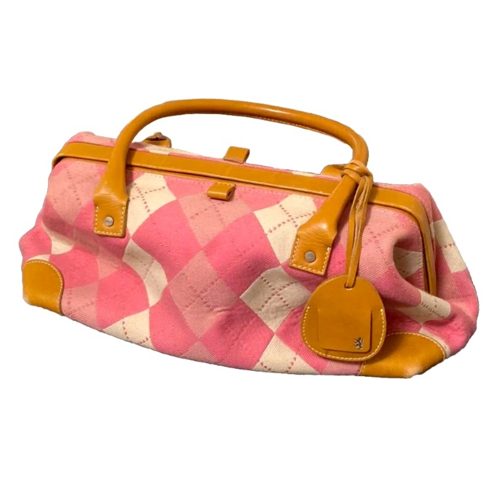 Pringle of Scotland ladies handbag pink beige diamond argyle with leather trim